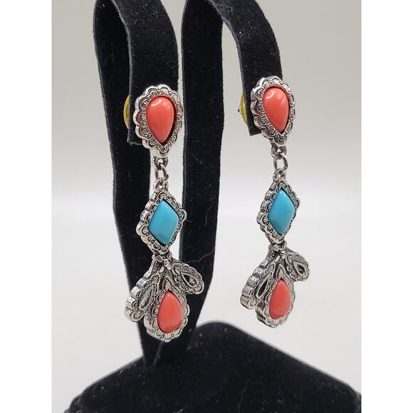 Turquoise Coral Cabochon Dangle Earrings Silver Tone Vintage Style - Picture 4 of 7